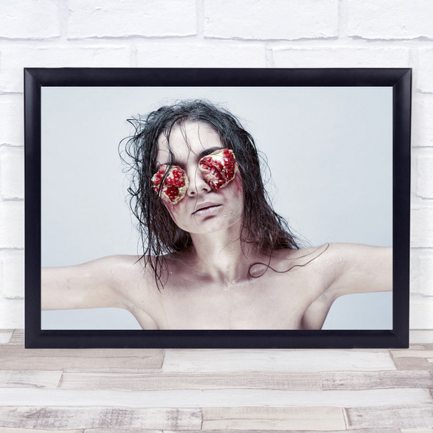 Fruit Eyes Hair Pomegranate Red Portrait Woman Model Wall Art Print