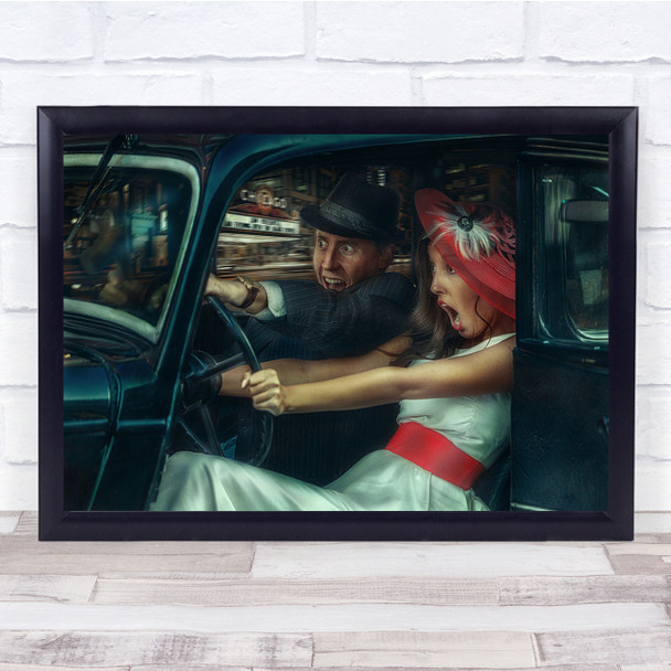 contemporary illustration man woman retro car scare Wall Art Print