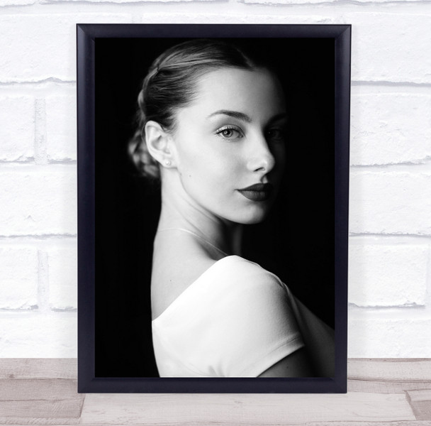 woman side on hair up white t shirt black and white Wall Art Print woman side on hair up white t shirt black and white Wall Art Print