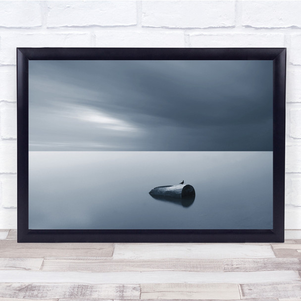 Clouds Sky Sea Bird Blue Toned Driftwood Log Ocean Wall Art Print