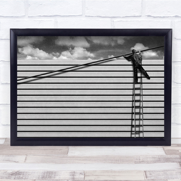 Construction Balance Ladder Worker black and white Wall Art Print