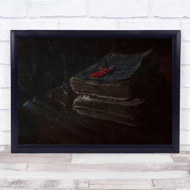 Mood Old Book Glasses Red Flovers Light Dark Books Wall Art Print