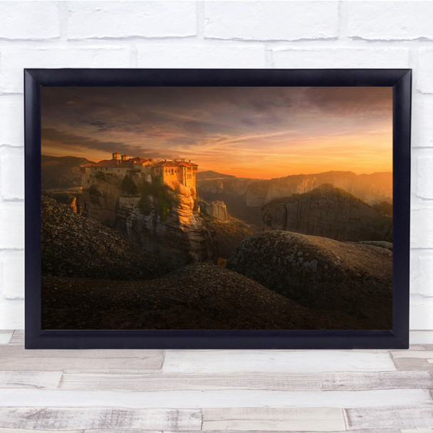 Sunrise over mountains lone building in the desert Wall Art Print