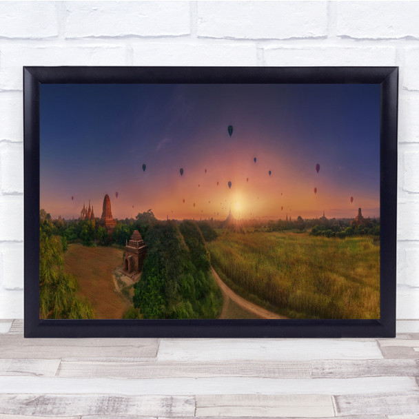 Sunset Landscape Panorama Air balloons illustrated Wall Art Print