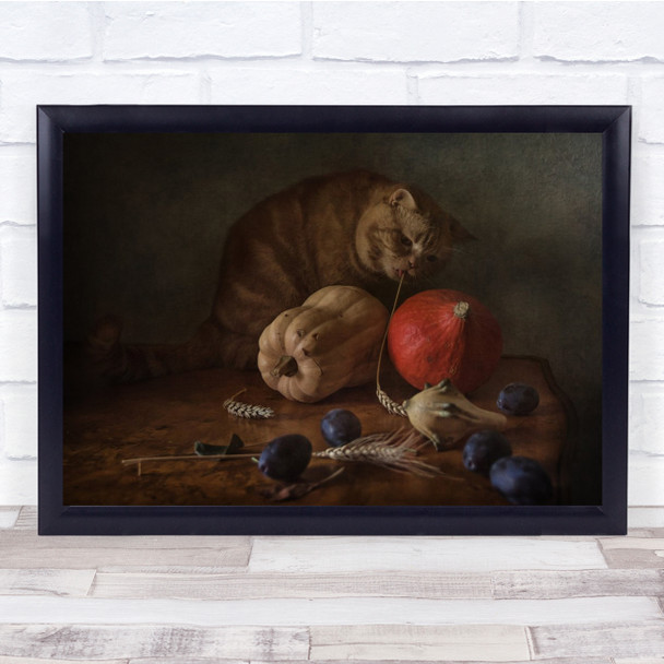 Cat Pumpkins Animal veg table food rustic flowers Wall Art Print