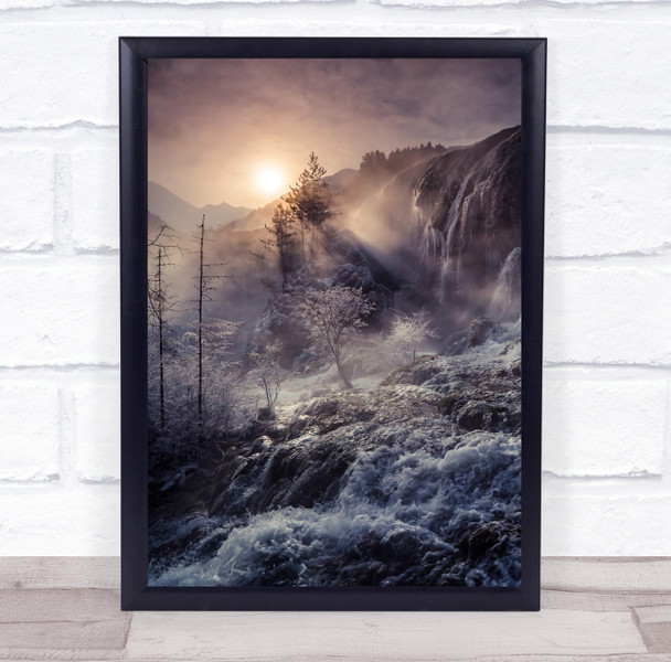 Jiuzhaigou China mountain waterfall sunrise tree Wall Art Print