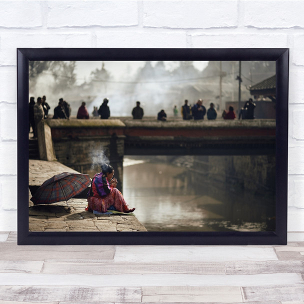 Pashupatinath woman smoking lake umbrella Bridge Wall Art Print