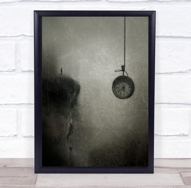 Surreal stopwatch on string man on mountain edge Wall Art Print