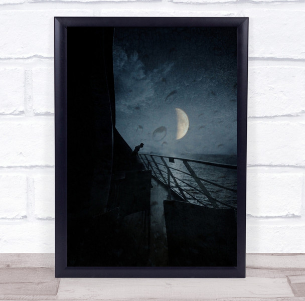 Twilight half moon man silhouette balcony by sea Wall Art Print