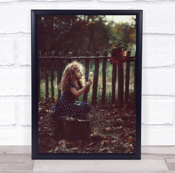Little girl blue polkadot dandelion make a wish Wall Art Print