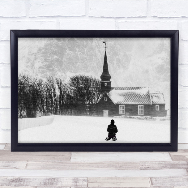 Prayer Person Snow Church Building Black White Wall Art Print