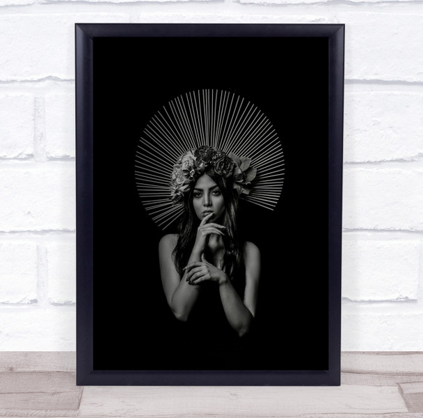 Woman Fan style head wear pose black and white Wall Art Print