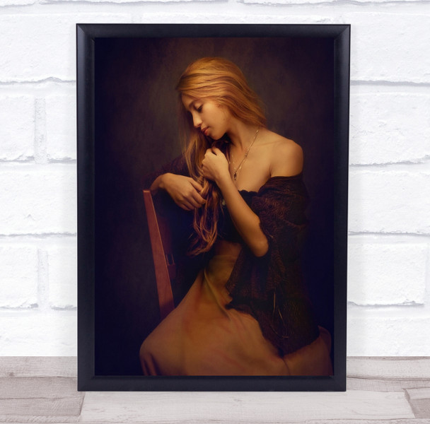 Woman sitting sad expression vintage long hair Wall Art Print