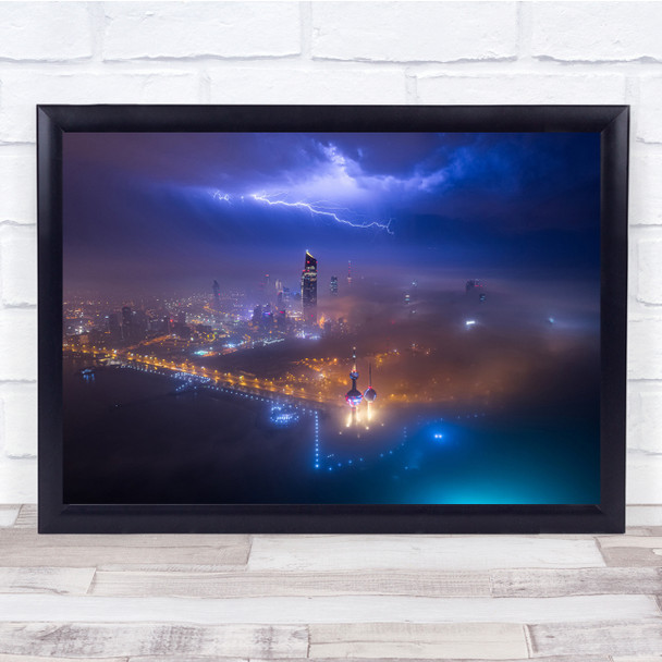 City Fog Night Drone Aerial Lightning Thunder Wall Art Print