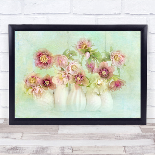 Hellebores Flowers Blooms Vases Fresh Vintage Wall Art Print