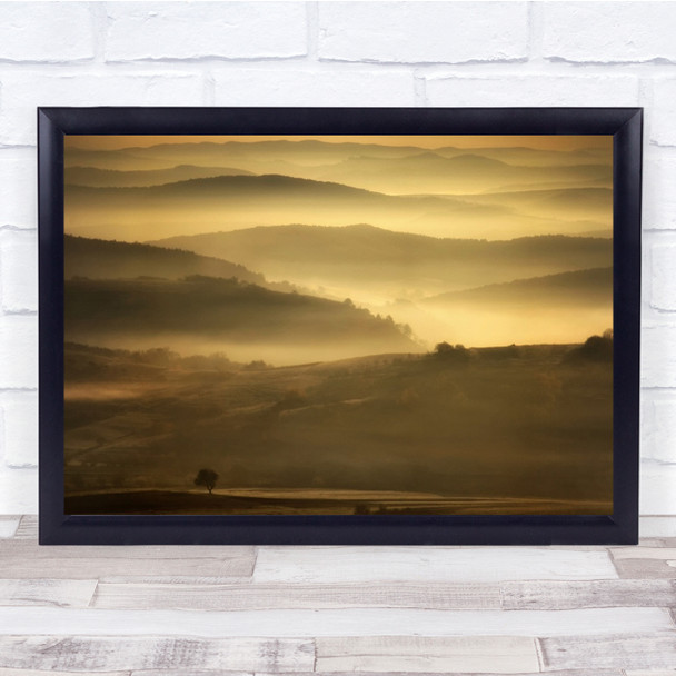 Hills Fog Tree Landscape Mist Distance Golden Wall Art Print