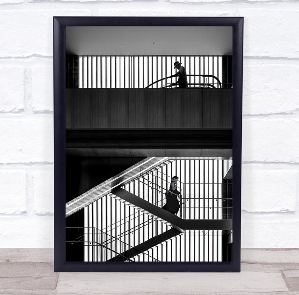 Silhouettes staircase black and white walking Wall Art Print