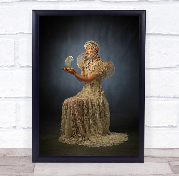 The Owl Whisperer woman white dress head wear Wall Art Print