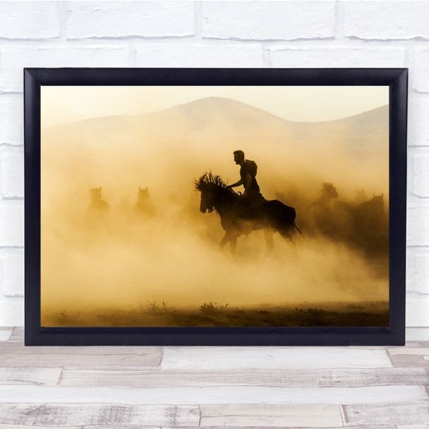 Cowboy Horses Dust Gold Golden Yellow Animal Wall Art Print