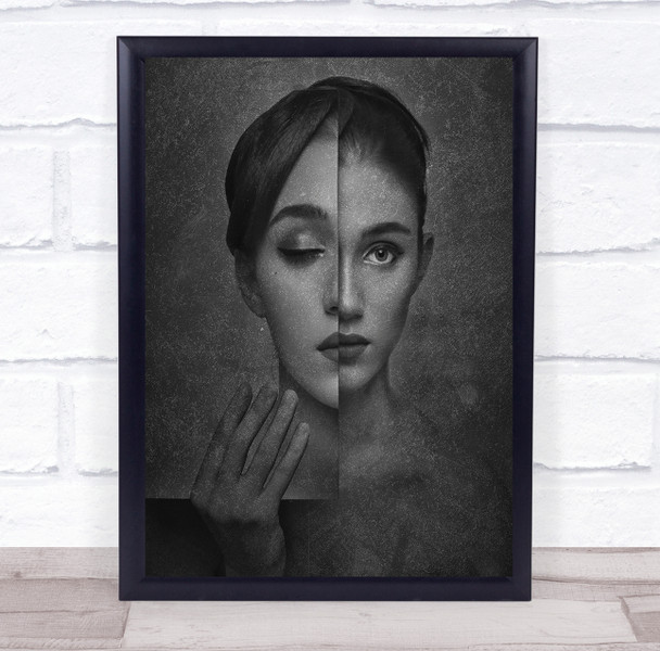 Two Face half open and close black and white Wall Art Print