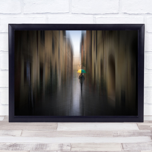 Italy Tuscany Town Rain Umbrella Man blurry Wall Art Print