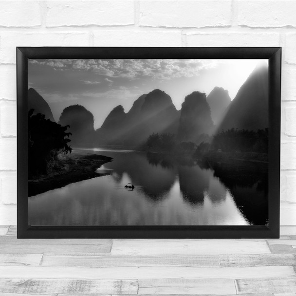 Landscape China Sunrise River Black & White Wall Art Print