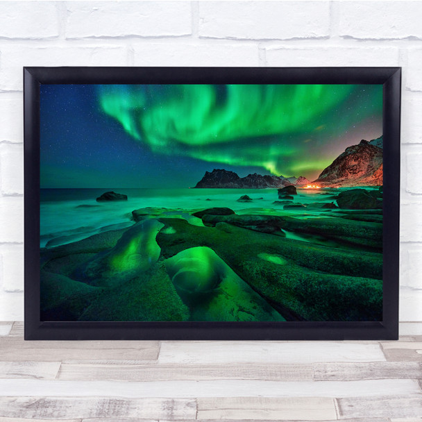 landscape nature northern lights glow green Wall Art Print