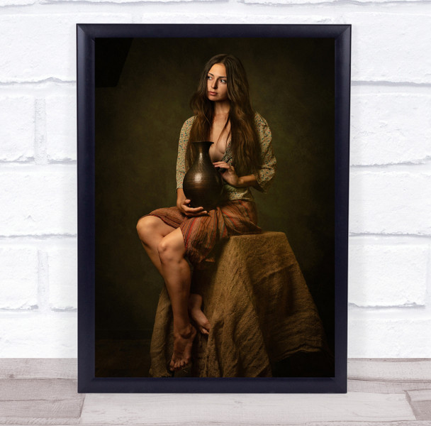 Sonya woman holding large vase sitting pose Wall Art Print