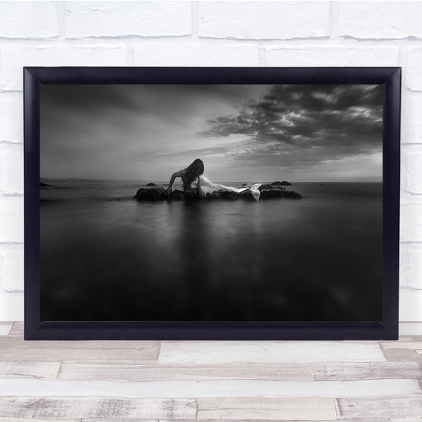 Siren Mermaid Black White Clouds Sea Rocks Wall Art Print