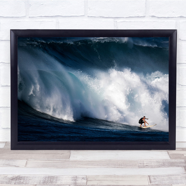 Surfing Great Wave Surfboard Mist Blue Sea Wall Art Print