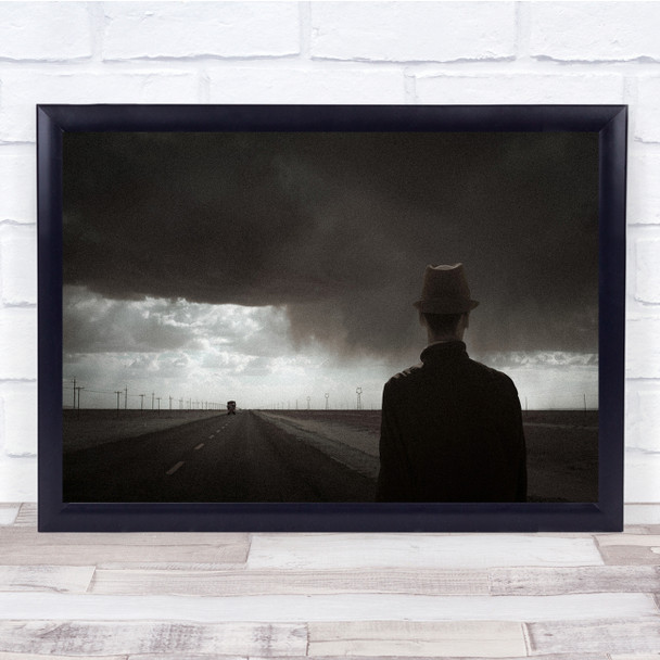 Black & White Long Road Cloudy Man In Hat Wall Art Print