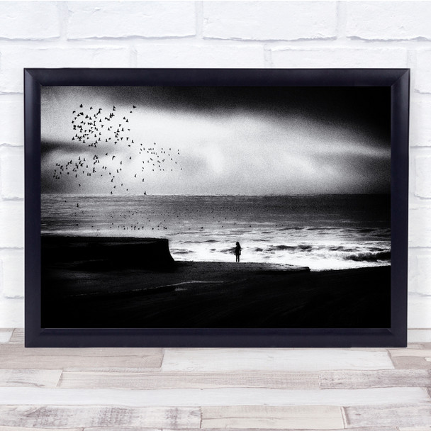 black and white sea view birds silhouette Wall Art Print