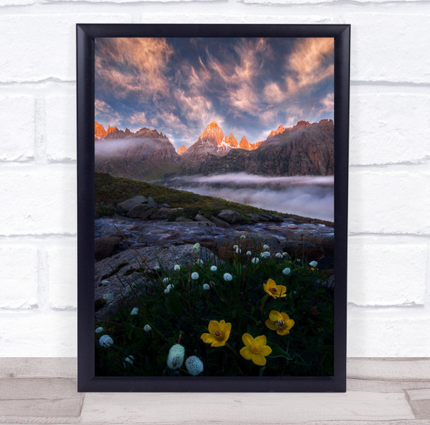 Mountain landscape sunrise fields flowers Wall Art Print