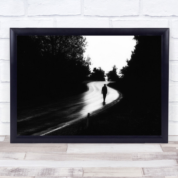 Person walking windy road black and white Wall Art Print
