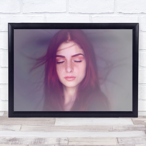 Red Flame Woman eyes closed hair blowing Wall Art Print