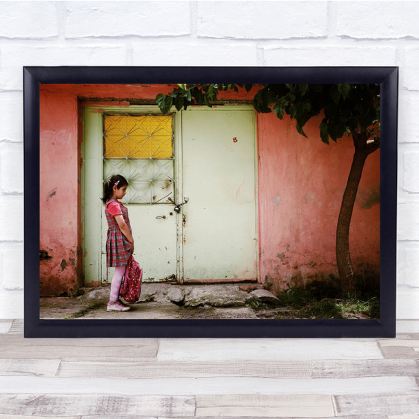 Locked girl with bag outside door tree Wall Art Print