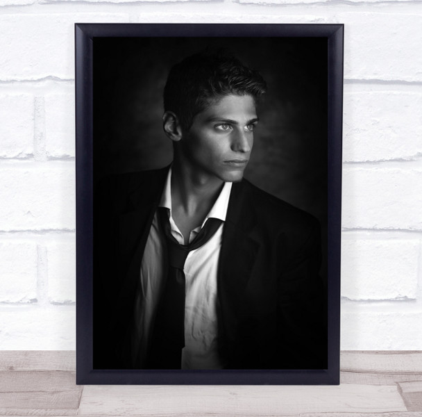 Man in suit unbuttoned shirt look away Wall Art Print