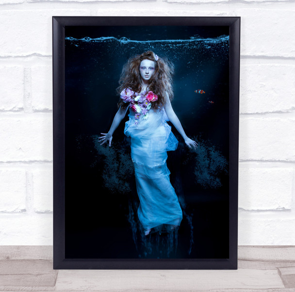 Underwater Red hair Bride dress floral Wall Art Print