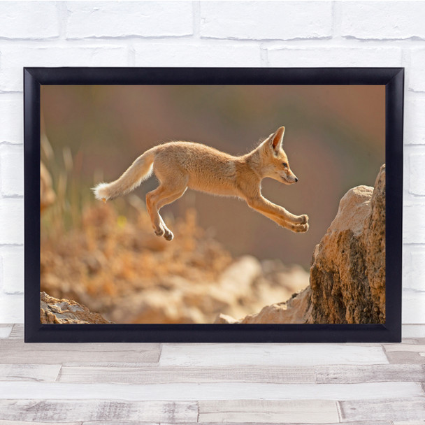 Jumping Leap fox cub nature wildlife Wall Art Print