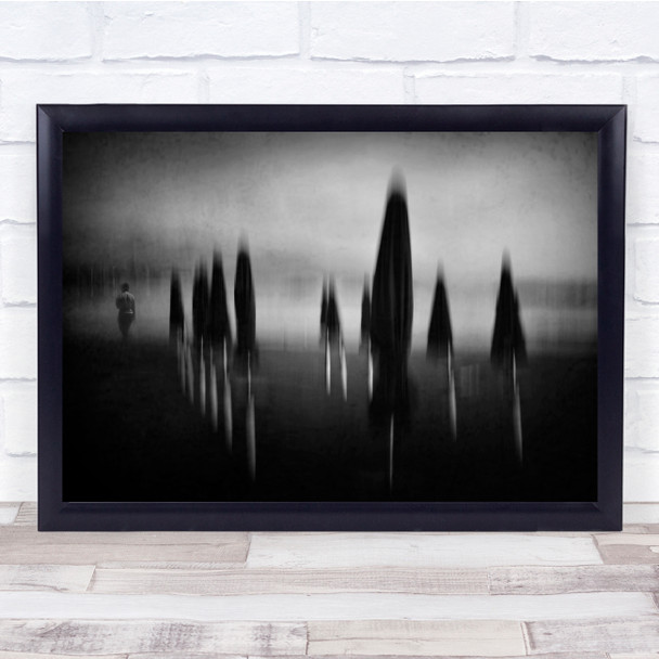 Beach Umbrellas Blurry Black White Wall Art Print