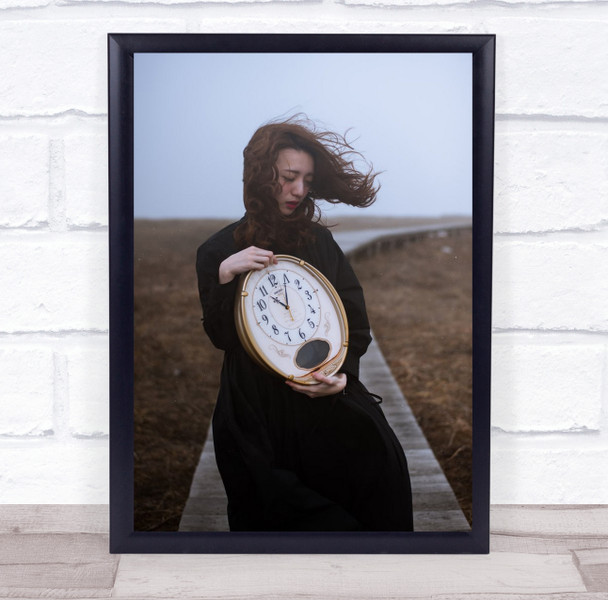 Birthday woman in wind large clock Wall Art Print