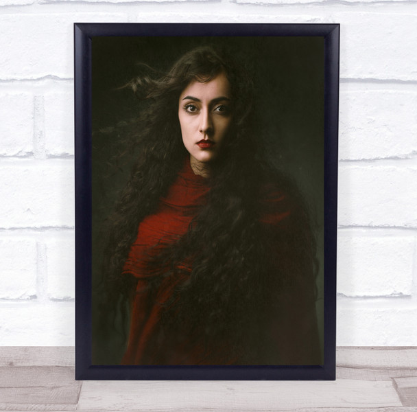 woman pose red clothing curly hair Wall Art Print