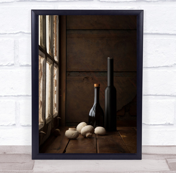 Mushroom olive oil bottles window Wall Art Print