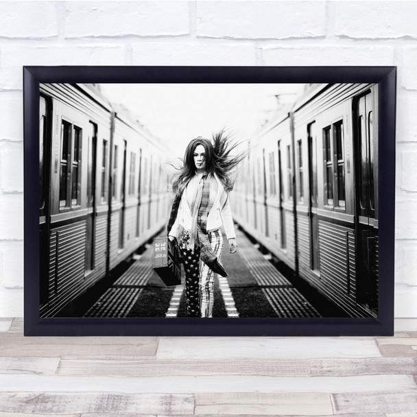 Woman Posing between two trains Wall Art Print