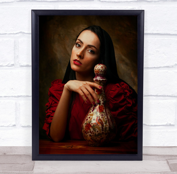 Woman in red with Vase posing Wall Art Print