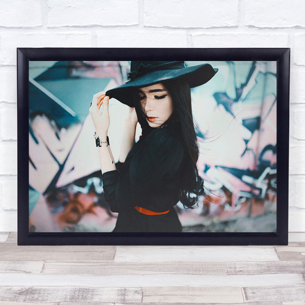 Woman pose black hat graffiti Wall Art Print