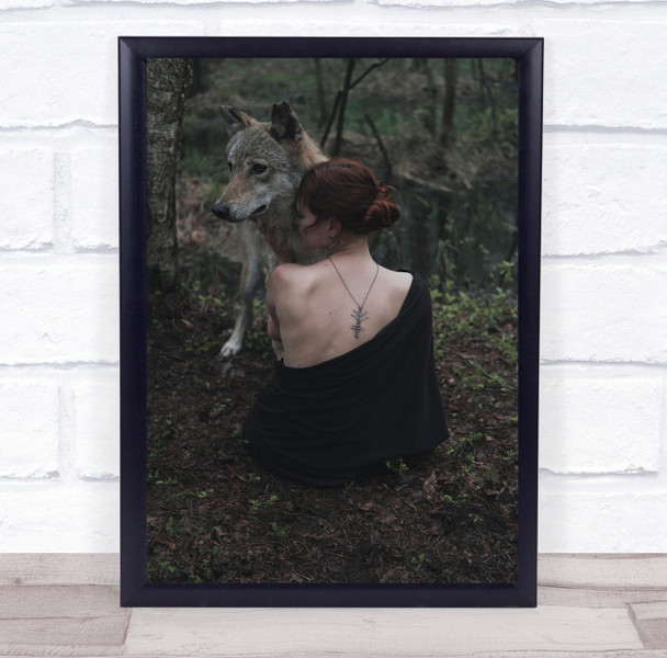 woman and wolf in woods Wall Art Print