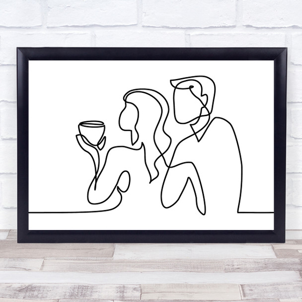 Black & White Line Art Couple Drinking Wine Decorative Wall Art Print