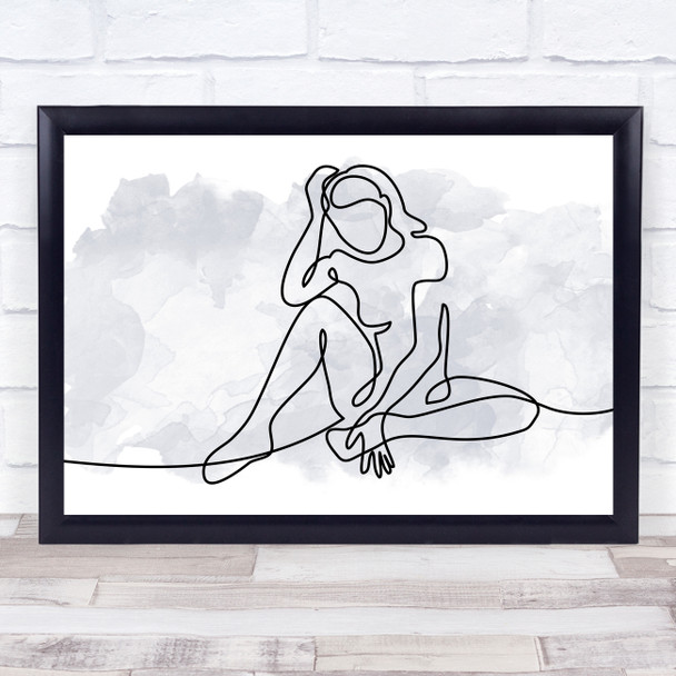 Watercolour Line Art Lady Sad Depressed Decorative Wall Art Print
