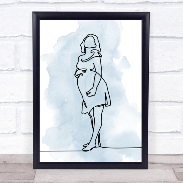 Watercolour Line Art Pregnant Lady Blue Decorative Wall Art Print